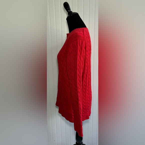 LL Bean Red Cable Knit Sweater Women’s Size Large V Neck Cotton - Picture 4 of 13